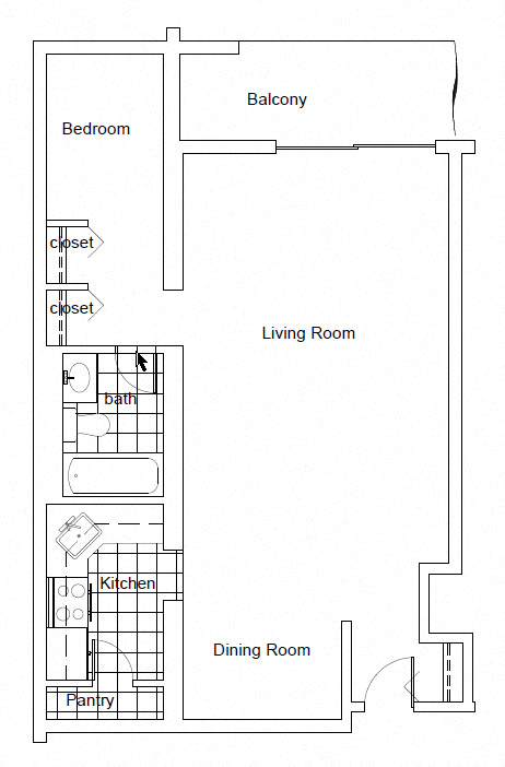 Floor plan for 1 bed, 1 bath, 711 sqft